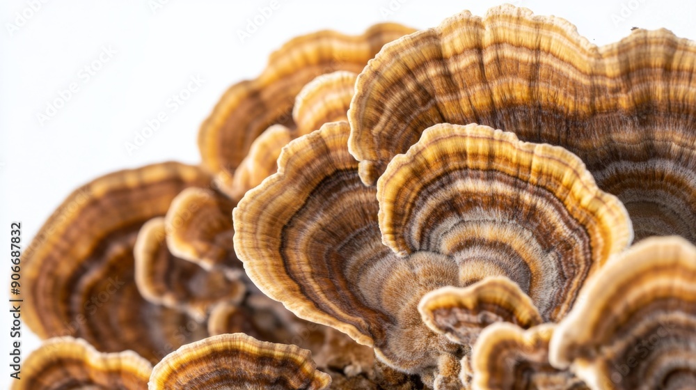 Poster detailed view of a cluster of turkey tail mushrooms, with their unique shapes highlighted against a 