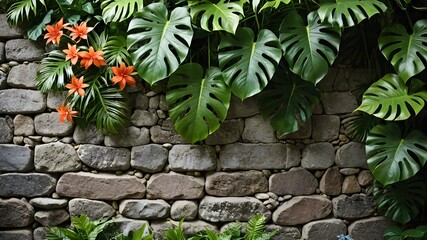 Stone Wall with Monstera Leaves and Summer Flowers Decor