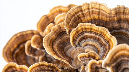 Detailed view of a cluster of turkey tail mushrooms, with their unique shapes highlighted against a white background.