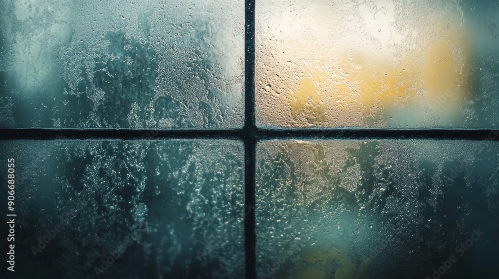 Poster a window pane with frost and condensation, creating an abstract pattern against a blurred background