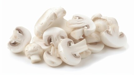 Whole and sliced white mushrooms, their soft texture and subtle color displayed on white. 