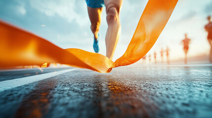 A victorious athlete crosses the luminous finish line in a final burst of speed, winning an Olympic race and a gold medal.
