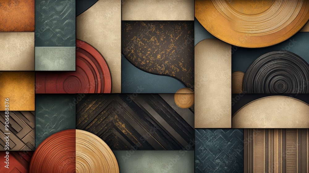 Poster abstract geometric pattern with colorful wooden textures and shapes.