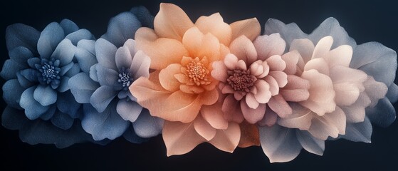Abstract floral arrangement with delicate petals in shades of blue, pink, and orange.