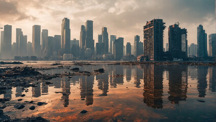 Fototapeta premium A dystopian city with ruined skyscrapers reflecting in a polluted water body under a smoky sky.