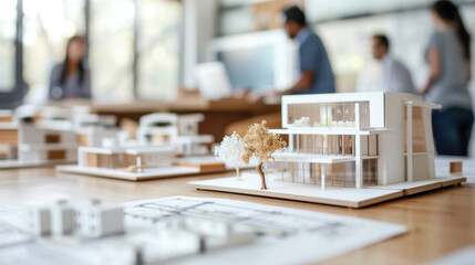 A miniature house model sits on a table with blueprints in an architectural studio