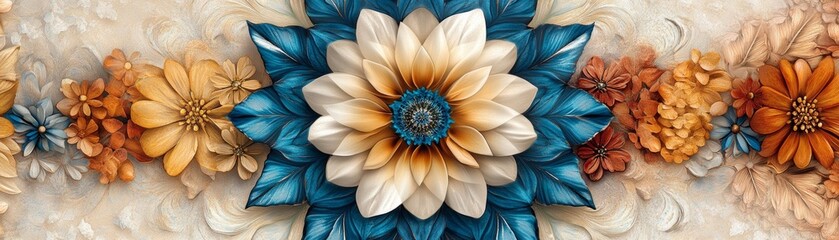 Abstract floral design with blue and orange flowers.