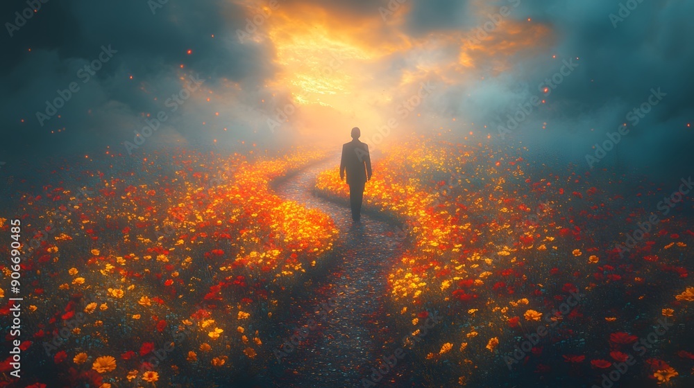 Poster man walking towards light in a field of flowers.