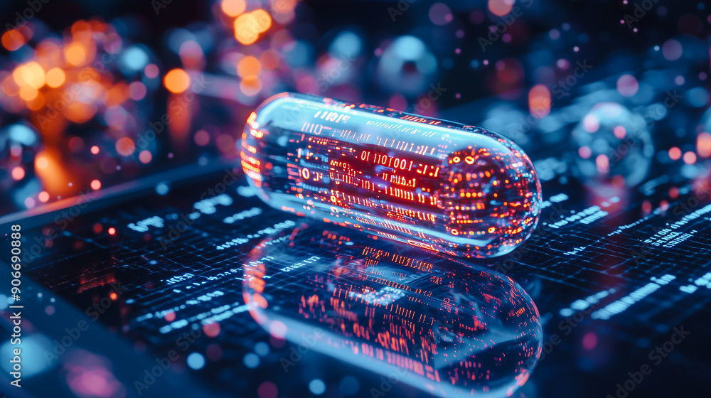 Poster a glowing digital capsule on a futuristic interface, symbolizing advanced data encryption and cybers