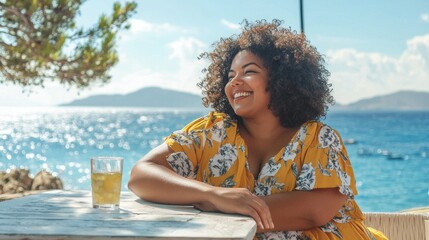 Plus size woman dressed sundress, relax on the balcony of resort hotel with view to the sea at the morning. Overweight girl drink coffee .