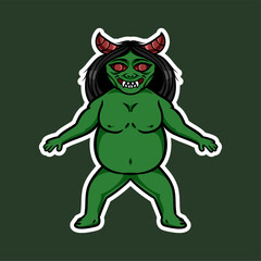 Green Demon Illustration: A cartoon illustration of a green demon with red horns and glowing eyes, set against a dark green background.  This image evokes fear, mystery, and the supernatural. 