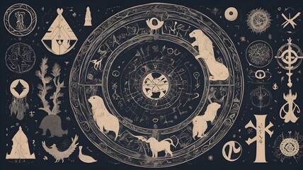 Obraz premium Graphic design with motifs of Scandinavian runes and mythological stories
