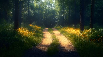 Obraz premium Sunlit Path Through the Forest.