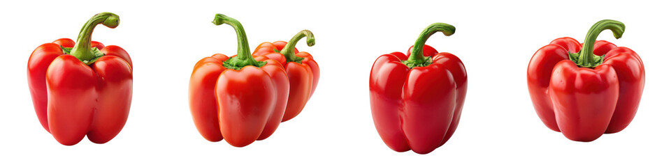 Four vibrant red bell peppers arranged in a row, perfect for fresh recipes, healthy meals, and colorful presentations.