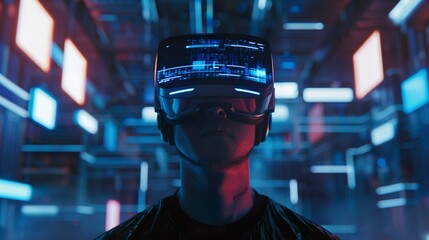 Man wear VR Glasses in metaverse world futuristic technology concept