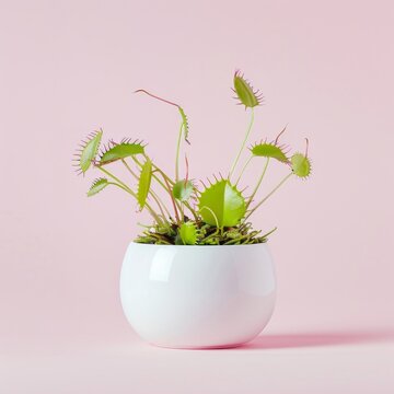 Medium shot of a Venus flytrap in the pot, isolated on a solid light pastel white background