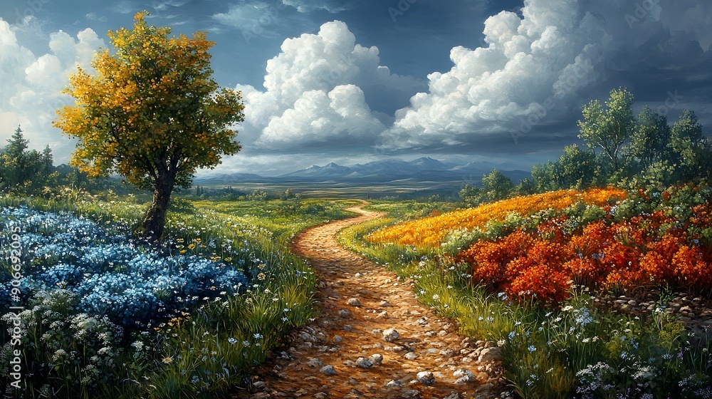 Poster winding path through a field of flowers.