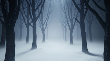 Enchanted forest with luminous, eerie plants. Fog-covered ground, gnarled trees, and a spooky Halloween vibe with dark shadows