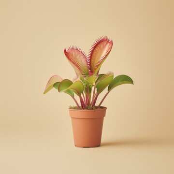 Medium shot of a Venus flytrap in the pot, isolated on a solid light pastel white background