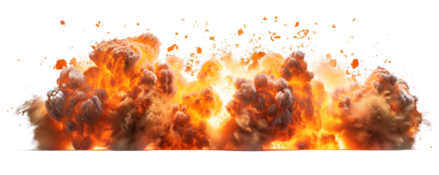 Massive fiery explosion with thick smoke and debris isolated transparent background PNG