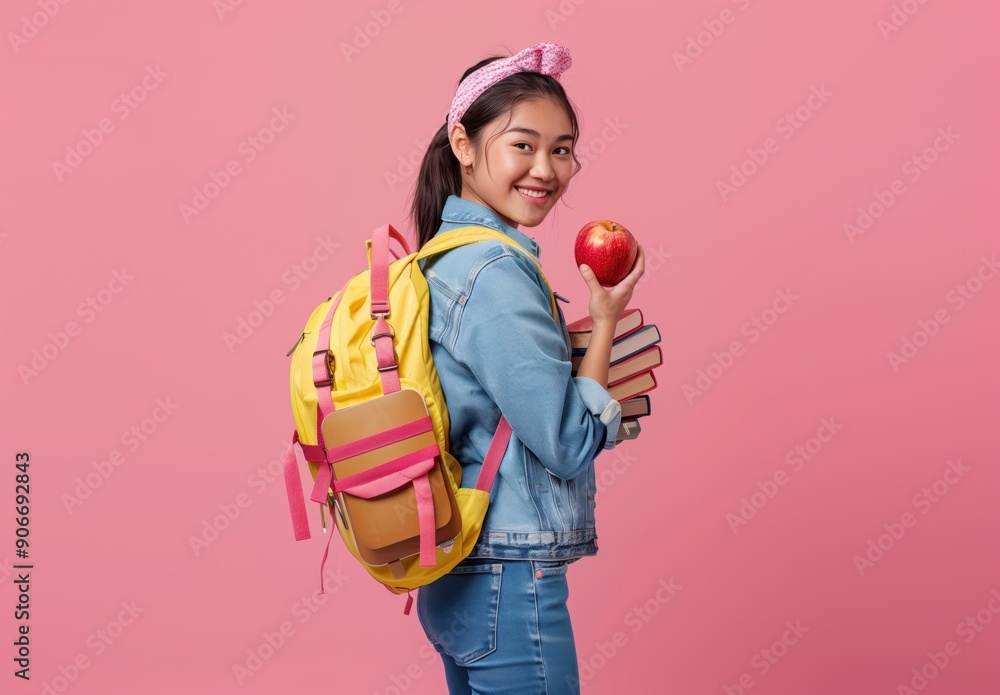 Wall mural Schoolgirl, student holding books and an apple in her hand on coloured background concept beginning of education