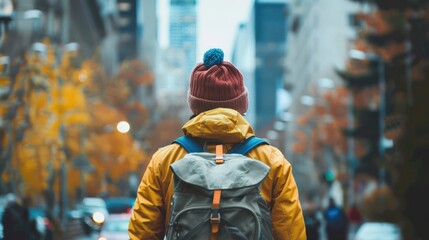 Obraz premium Traveler with a backpack, captured from behind as they explore a new city