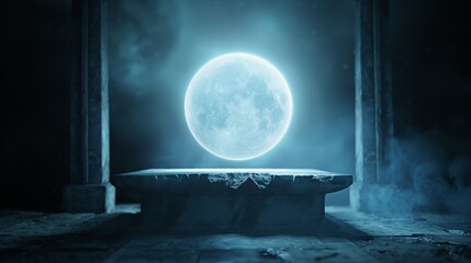 Ethereal orb hovering over an ancient, cracked altar in a dark, moonlit graveyard, with eerie blue light and haunting atmosphere