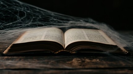 Obraz premium An open cursed book on a dusty, cobweb-covered desk. Halloween setting, eerie and mysterious atmosphere