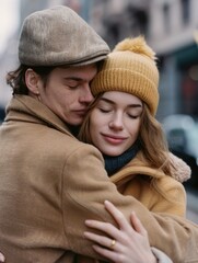 Fototapeta premium A romantic moment between two people on a busy urban road