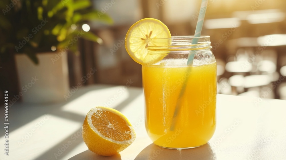 Aufkleber Honey lemon juice in a glass jar with a straw and lemon garnish,