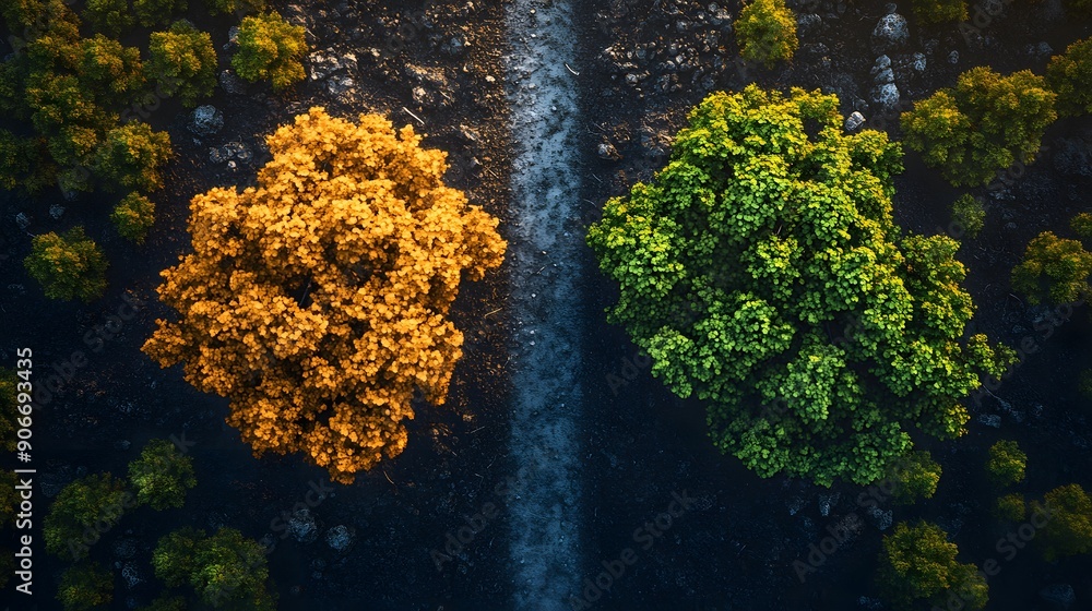 Poster two trees separated by a path.