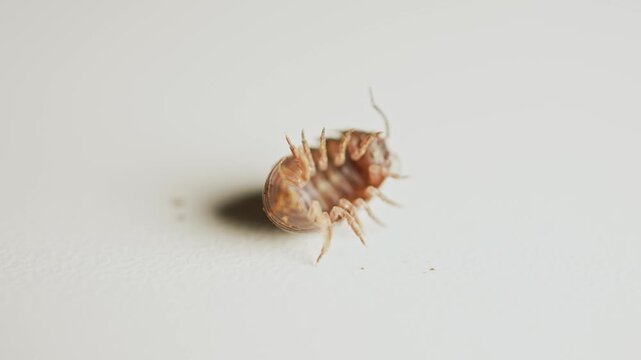 Pill woodlouse or pill bug. Woodlice Armadillidium vulgare has chitin body and roll into a ball to defence from predators. Common pillbug or sow bug moving its little legs upside down. Macro close up