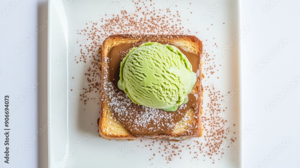 Poster Honey toast topped with a scoop of matcha ice cream and red bean paste, photographed from above on a white background.