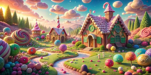 Candy Land Village A whimsical 3D illustration of a magical village filled with candy houses, lollipop trees, and candy-coated clouds., Candy Land, Sweet Dreams , Whimsical , Fantasy