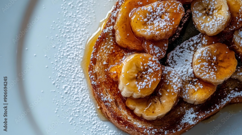Aufkleber honey toast topped with caramelized bananas and a sprinkle of powdered sugar, shot from above on a w
