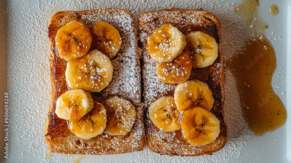 Poster honey toast topped with caramelized bananas and a sprinkle of powdered sugar, shot from above on a w