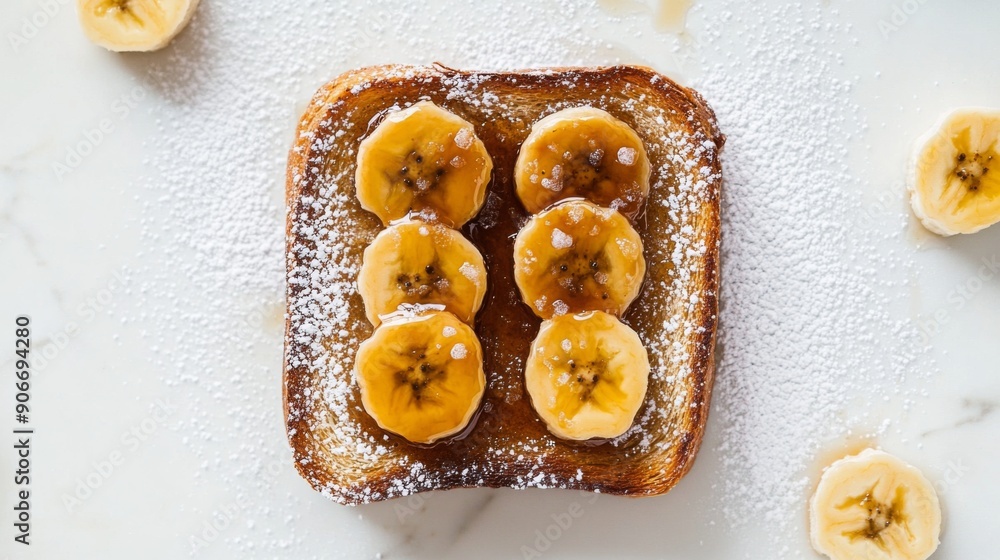 Poster honey toast topped with caramelized bananas and a sprinkle of powdered sugar, shot from above on a w