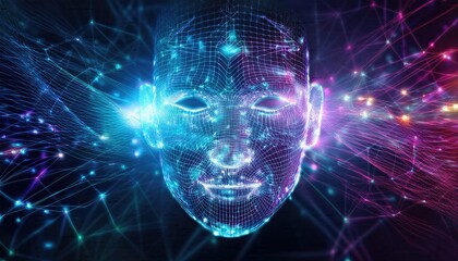 Fototapeta premium AI background, AI hologram face images, artificial intelligence images, colorful glowing lines background.