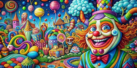 Clown in a Candy Land, Digital Painting, Colorful Landscape, Happy Clown, Candy, Whimsical , carnival