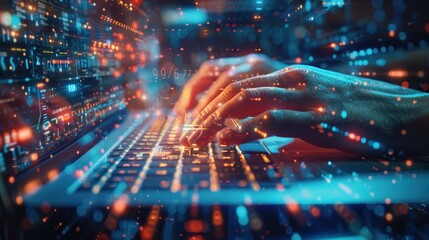 Obraz premium Close-up of businessperson's hands typing on laptop, overlaid with digital data streams and binary code.