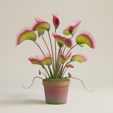 Medium shot of a Venus flytrap in the pot, isolated on a solid light pastel white background