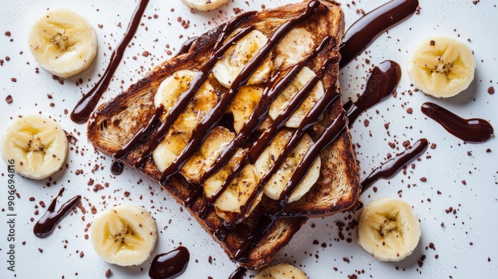 Poster honey toast with a drizzle of chocolate sauce and fresh banana slices, photographed from above on a 