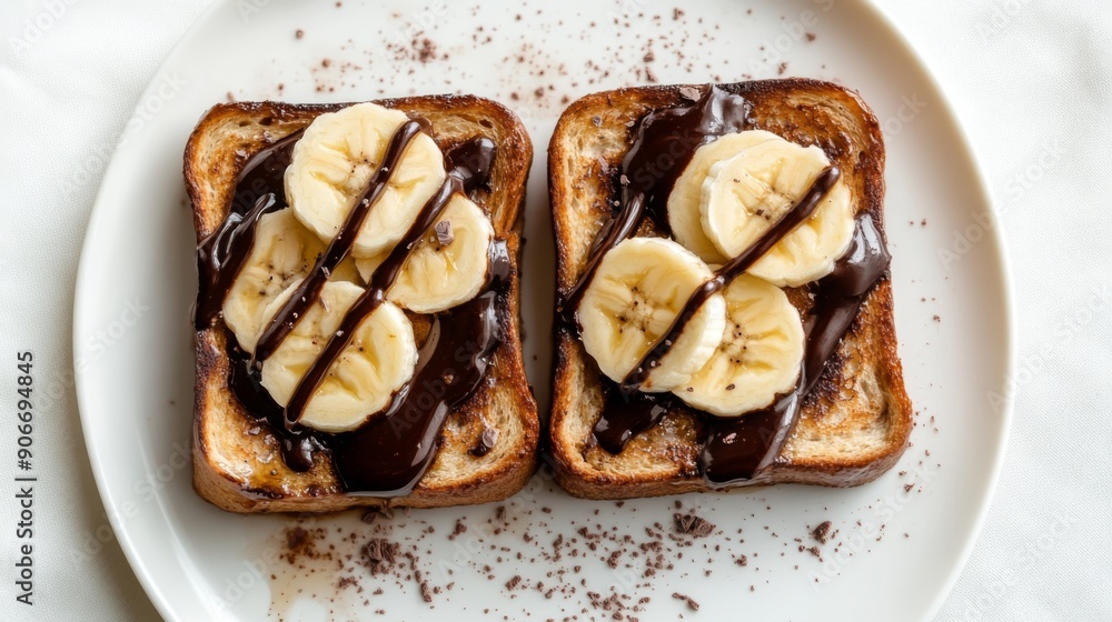 Poster honey toast with a drizzle of chocolate sauce and fresh banana slices, photographed from above on a 
