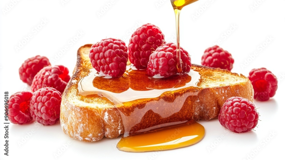 Poster Honey toast with a generous drizzle of maple syrup and fresh raspberries, isolated on a white background.