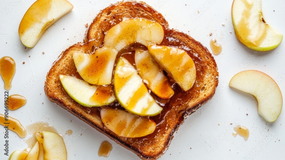 Poster Honey toast with caramel drizzle and sliced apples, photographed from above on a white background.