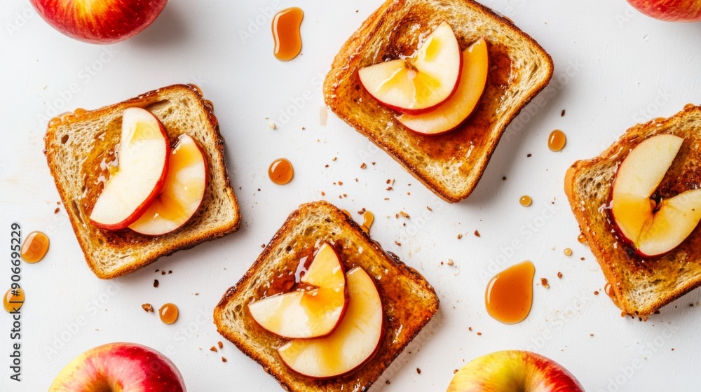 Poster Honey toast with caramel drizzle and sliced apples, photographed from above on a white background.