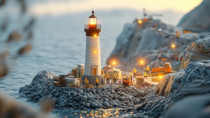 Lighthouse on rocky coast with construction crew, warning lights guiding through chaos, an image of resilience