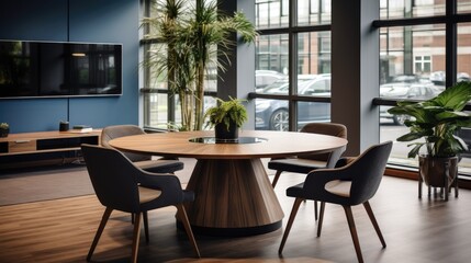 Obraz premium Contemporary meeting space with a circular table and a large plant in the corner