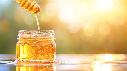 Golden honey drips from a wooden dipper into a clear jar, illuminated by soft sunlight, creating a warm and inviting atmosphere.