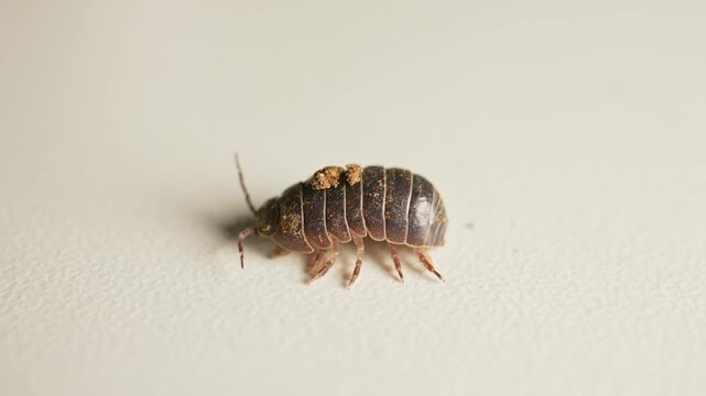 Common pill woodlouse or roly-poly slater and doodle bug moving. Also called pill bug or potato bug. Halloween shot of the insect like arthropod. Entomophobia phobia of bugs and insects, horror.